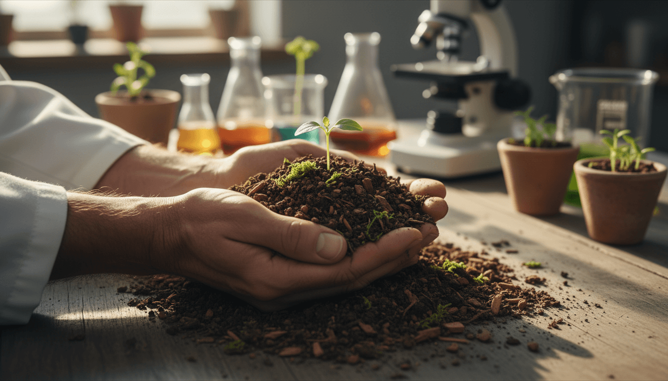 Mains tenant un mélange de terre et de matière végétale dans un laboratoire artisanal