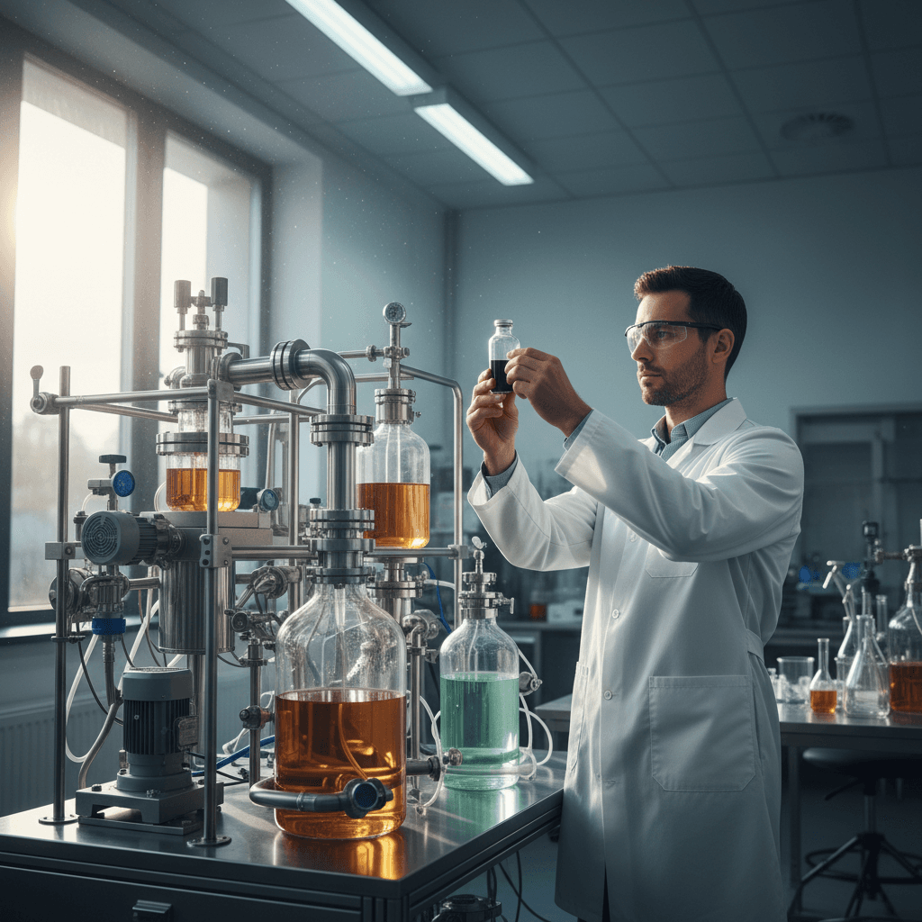 Technicien prélevant un échantillon dans un réacteur de bioprocédé en laboratoire.