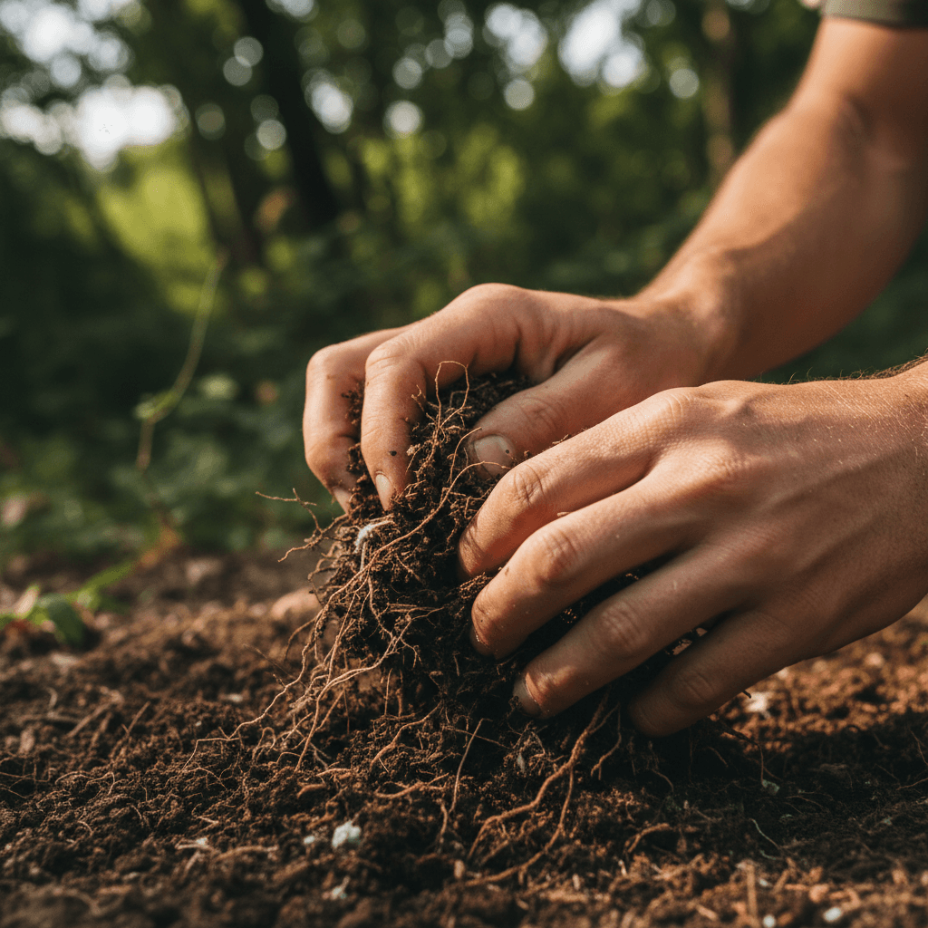 Mains dans la terre riche d'un sol agroforestier