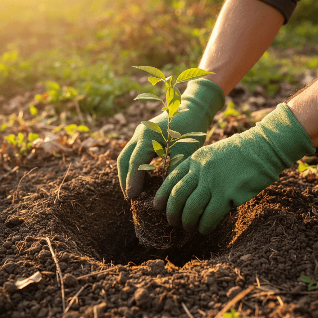 Plantation manuelle d'un arbre dans le cadre d'un projet de régénération