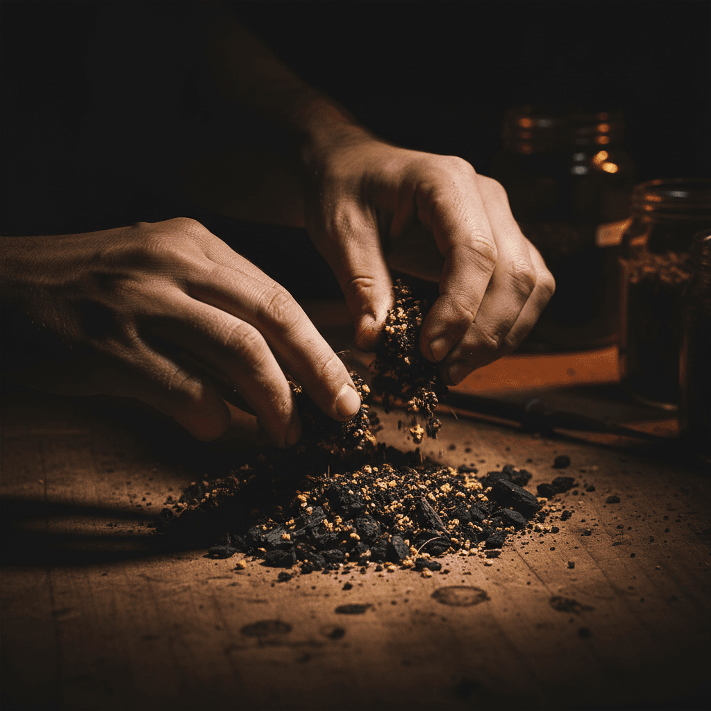 Mains préparant un mélange à base de biochar sur un établi en bois