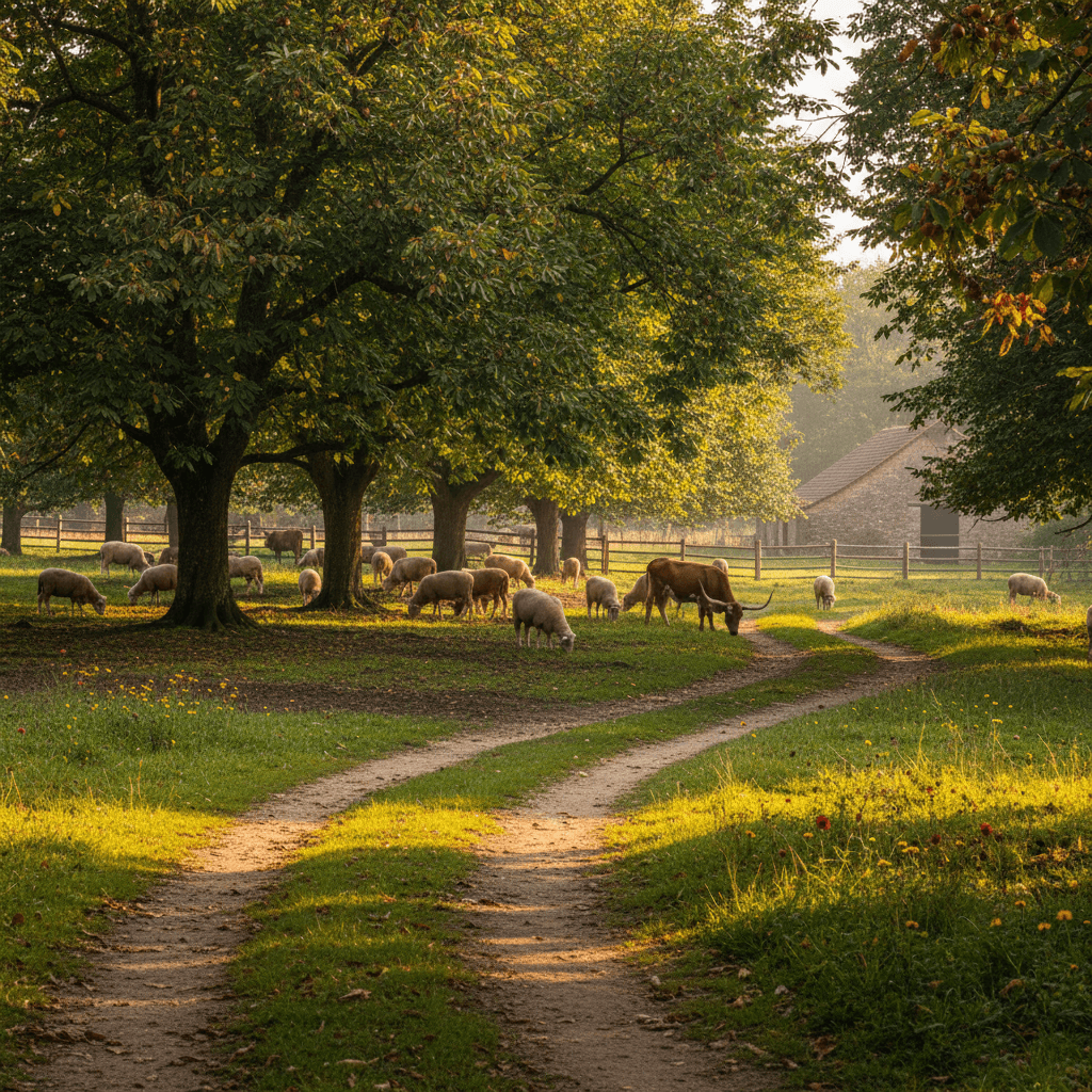 Parcelle agroforestière avec vaches broutant sous des arbres plantés en alignement.