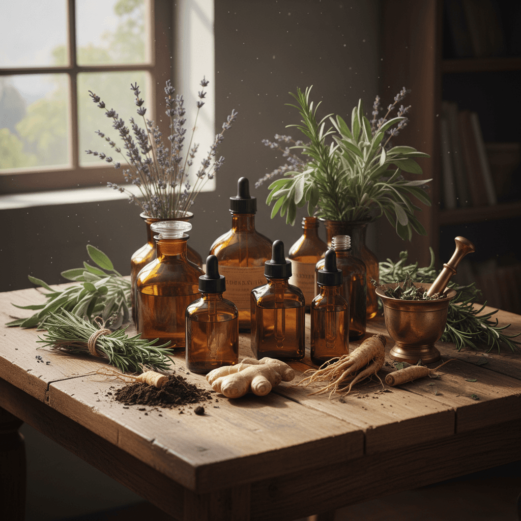 Teintures mères et macérats de plantes sur table en bois