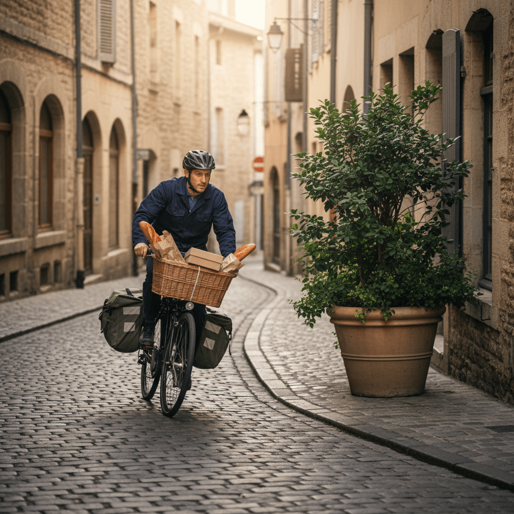 Livreur à vélo dans une rue pavée de Châteaudun, dernier kilomètre en circuit court