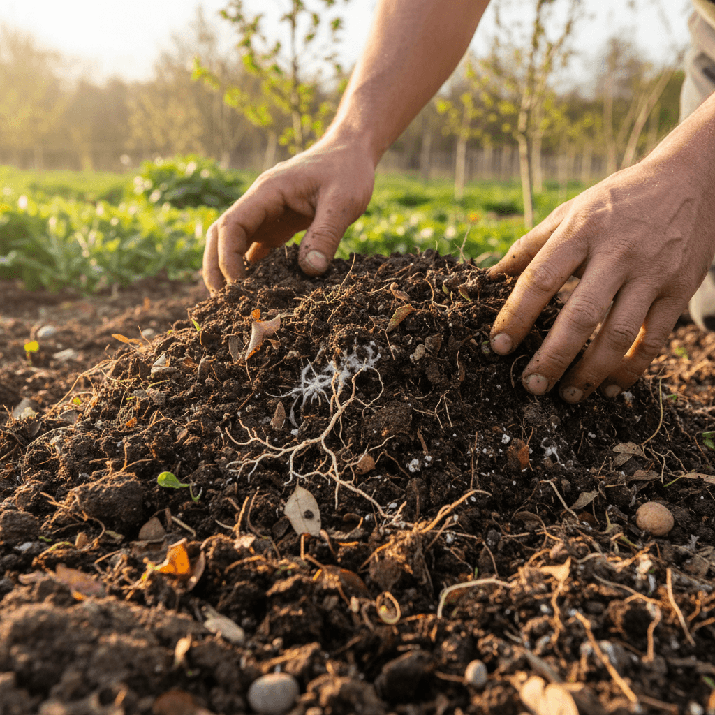 Mains d'un agriculteur examinant un sol riche en matière organique et en mycélium.