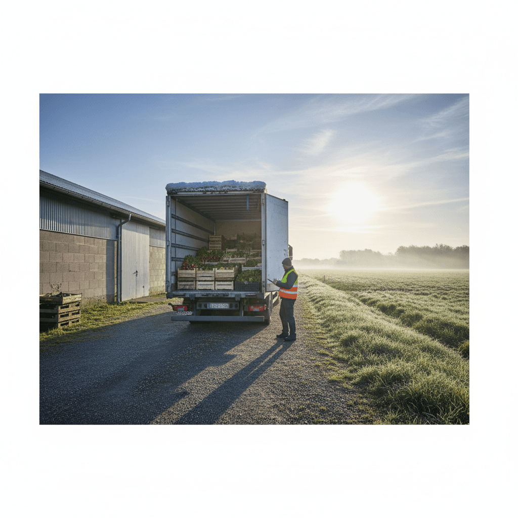 Camion réfrigéré à l'aube dans le Perche, prêt à charger les premières caisses de légumes