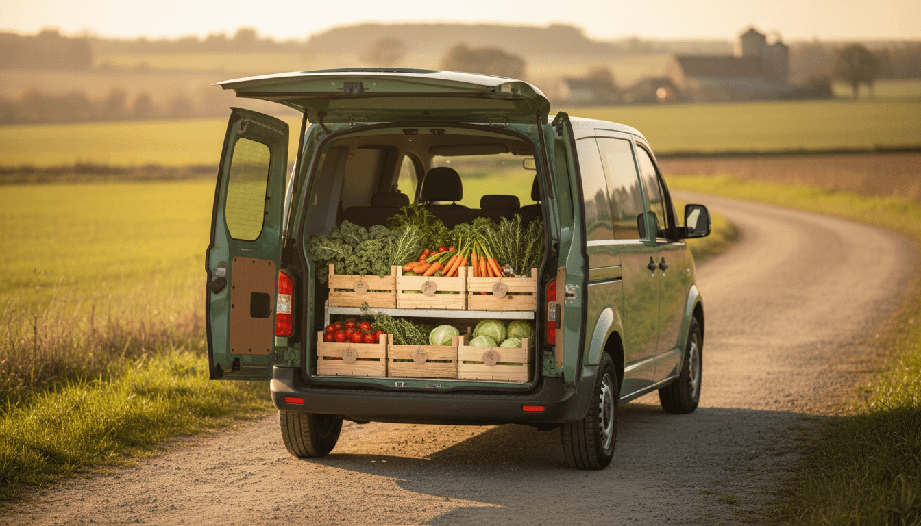 Camionnette réfrigérée ouverte avec cageots de légumes frais, campagne au coucher du soleil