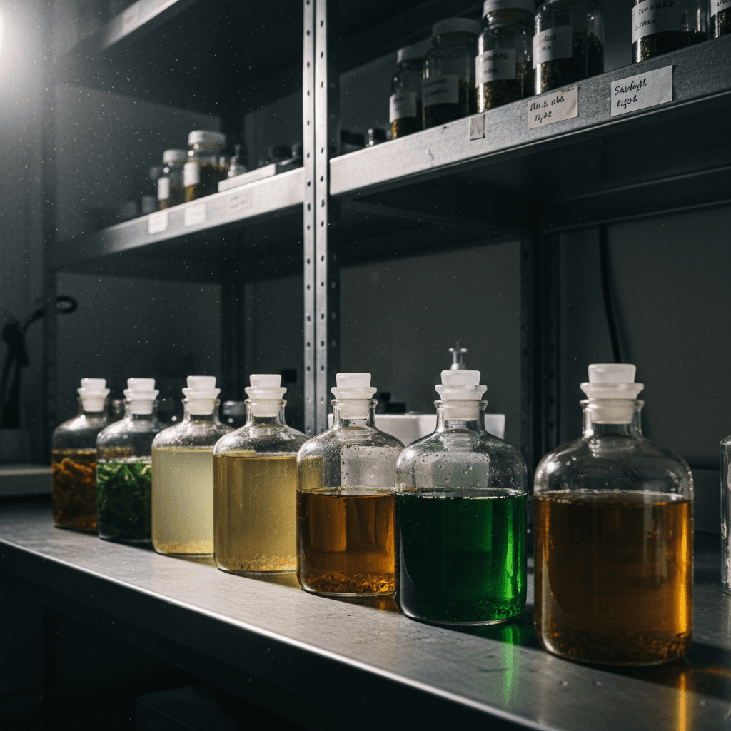 Bocaux de fermentation et teintures végétales alignés sur une étagère de laboratoire