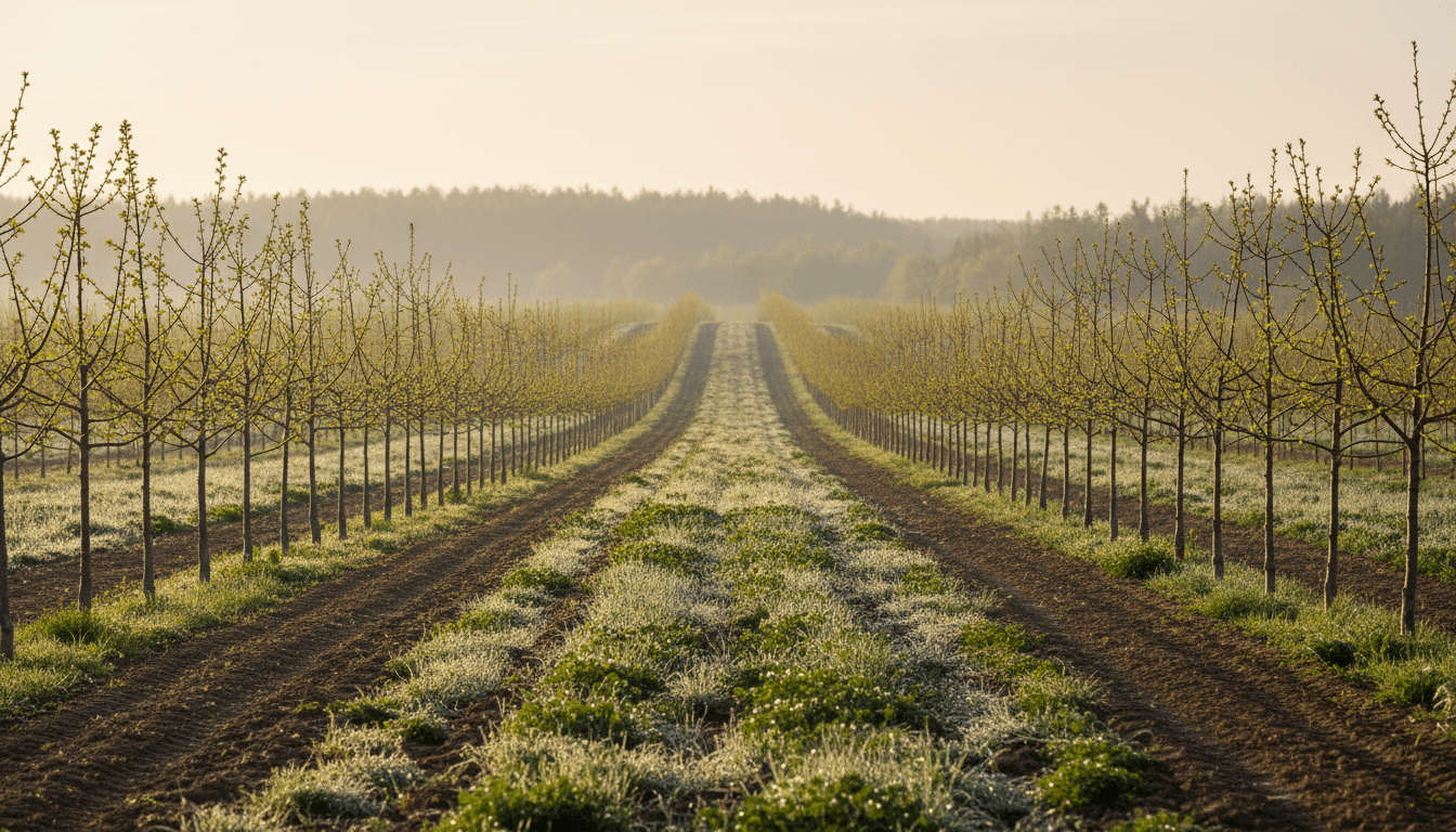 Parcelle agroforestière au petit matin, jeunes arbres et couverts végétaux dans la rosée