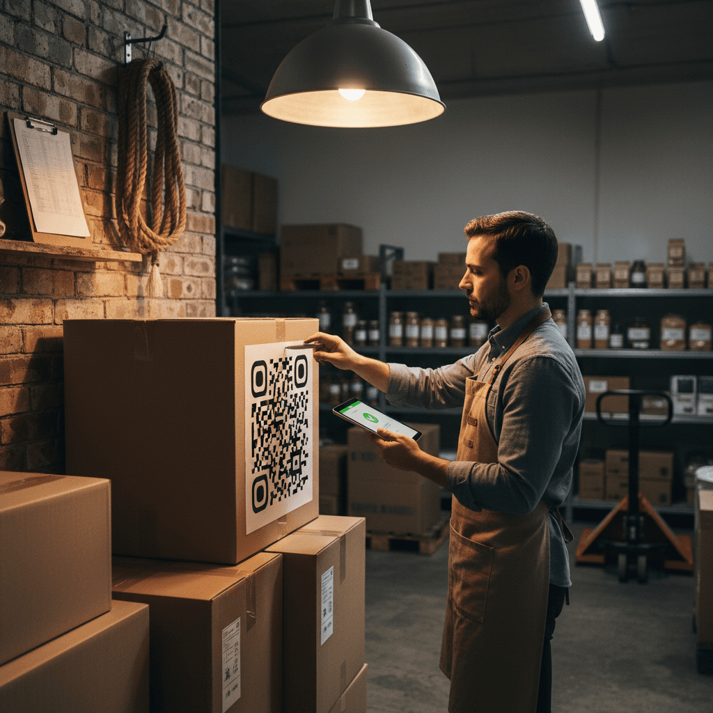 Opérateur logistique enregistrant un colis avant départ, scène d'entrepôt