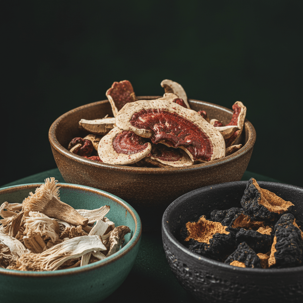Poudres de champignons adaptogènes en jattes artisanales