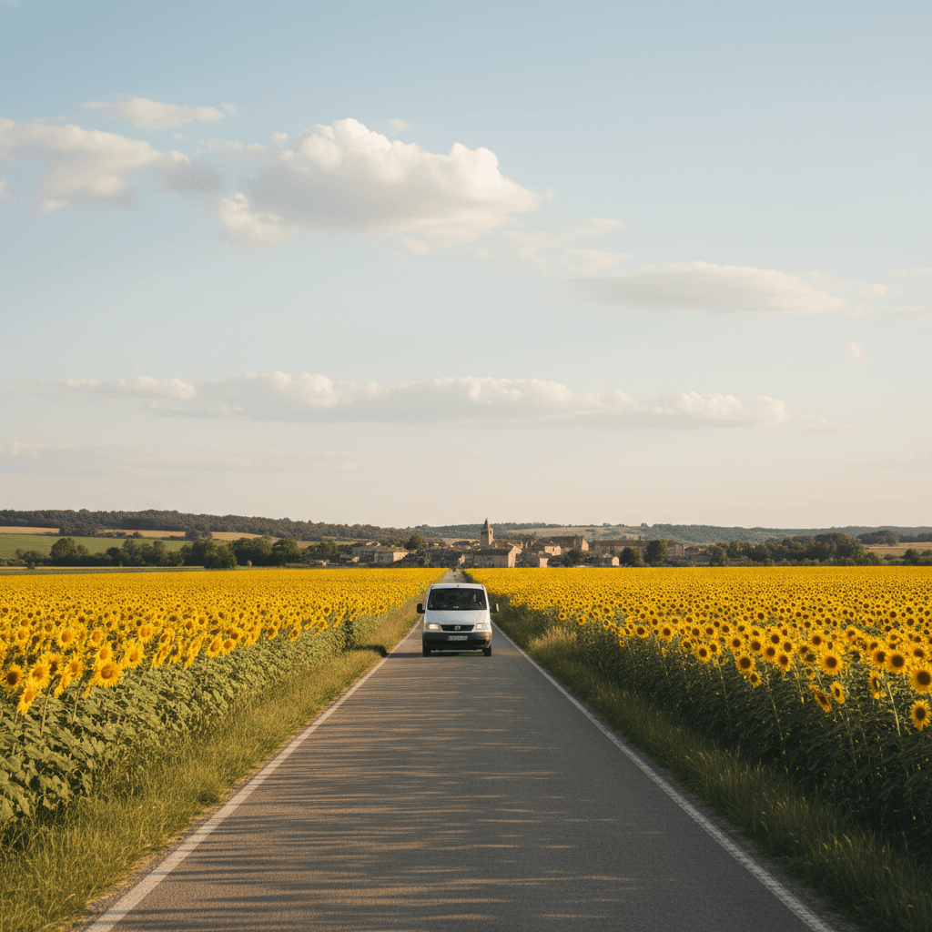 Camionnette de livraison sur une route départementale entre champs de tournesols
