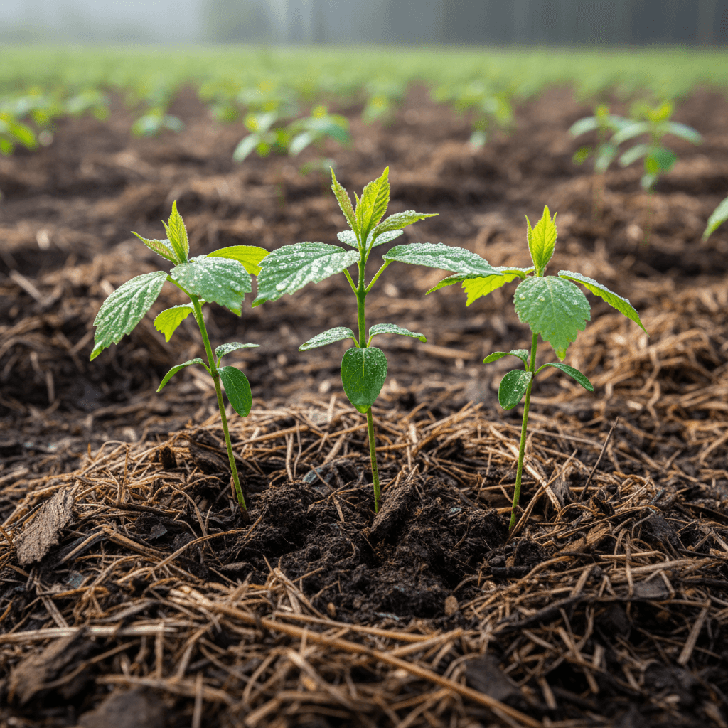 Main touchant un jeune plant d'arbre dans un sol riche, focale rapprochée sur les racines et la texture de la terre, lumière naturelle ambiante chaude, photoréaliste, accent sur le soin et la précision en agroforesterie