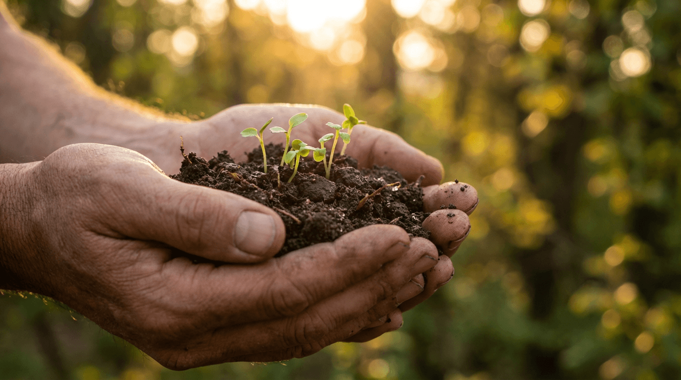 Mains tenant un plant dans de la terre, espace de travail avec bocaux et plantes séchées