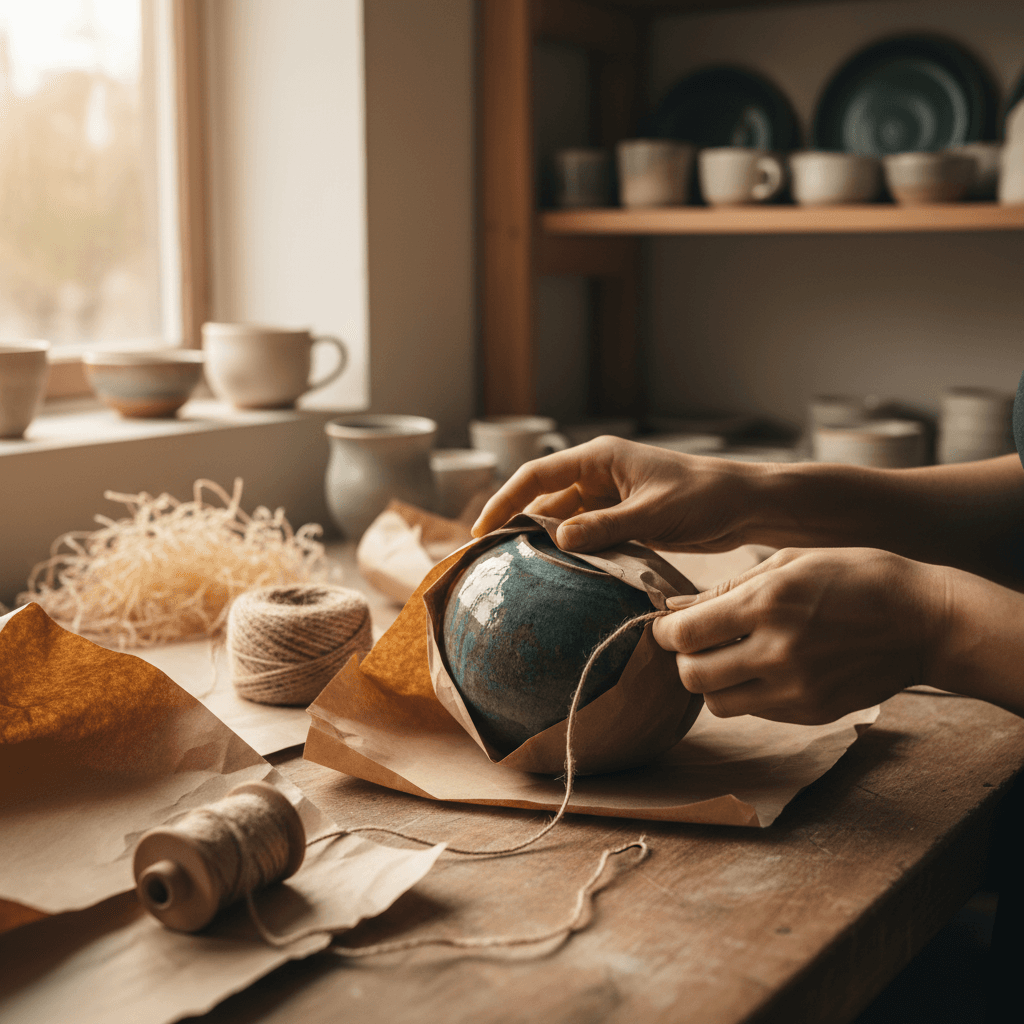 Plan moyen de mains pliant un emballage en kraft autour d'un bocal en verre avec une branche de lavande séchée, plan de travail rustique en arrière-plan, lumière chaude de l'après-midi, emballage artisanal et durable
