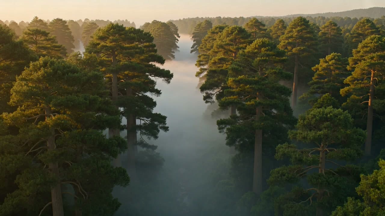 Parcelle agroforestière au petit matin dans le Perche, avec plusieurs strates de végétation et de la brume légère entre les arbres