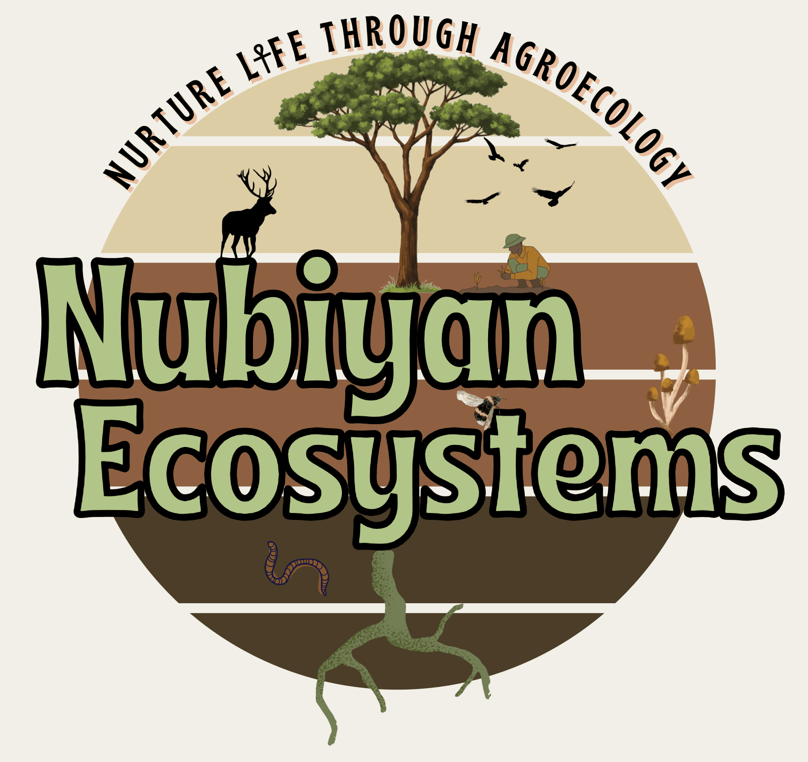 Logo Nubiyan Ecosystems illustrant l'agroécologie avec un arbre, un cerf, un agriculteur et la biodiversité.