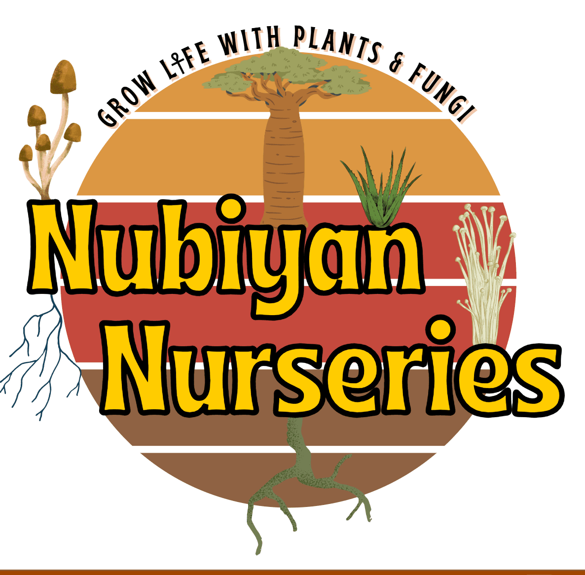 Logo Nubiyan Nurseries avec baobab, champignons et plantes sur un fond circulaire aux tons chauds.