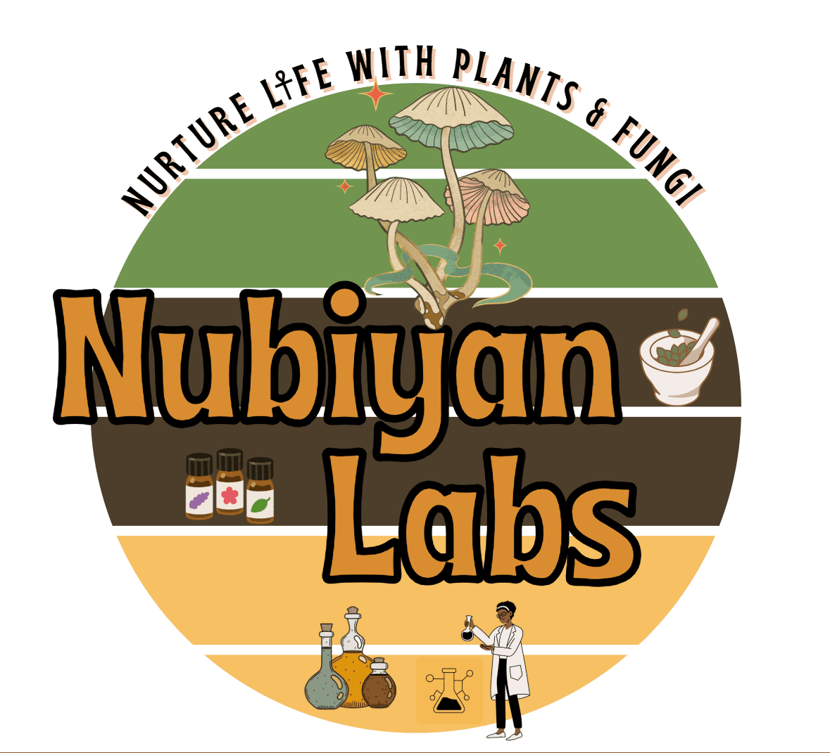 Logo Nubiyan Labs illustrant des champignons, une scientifique et des flacons sur fond rayé rétro.