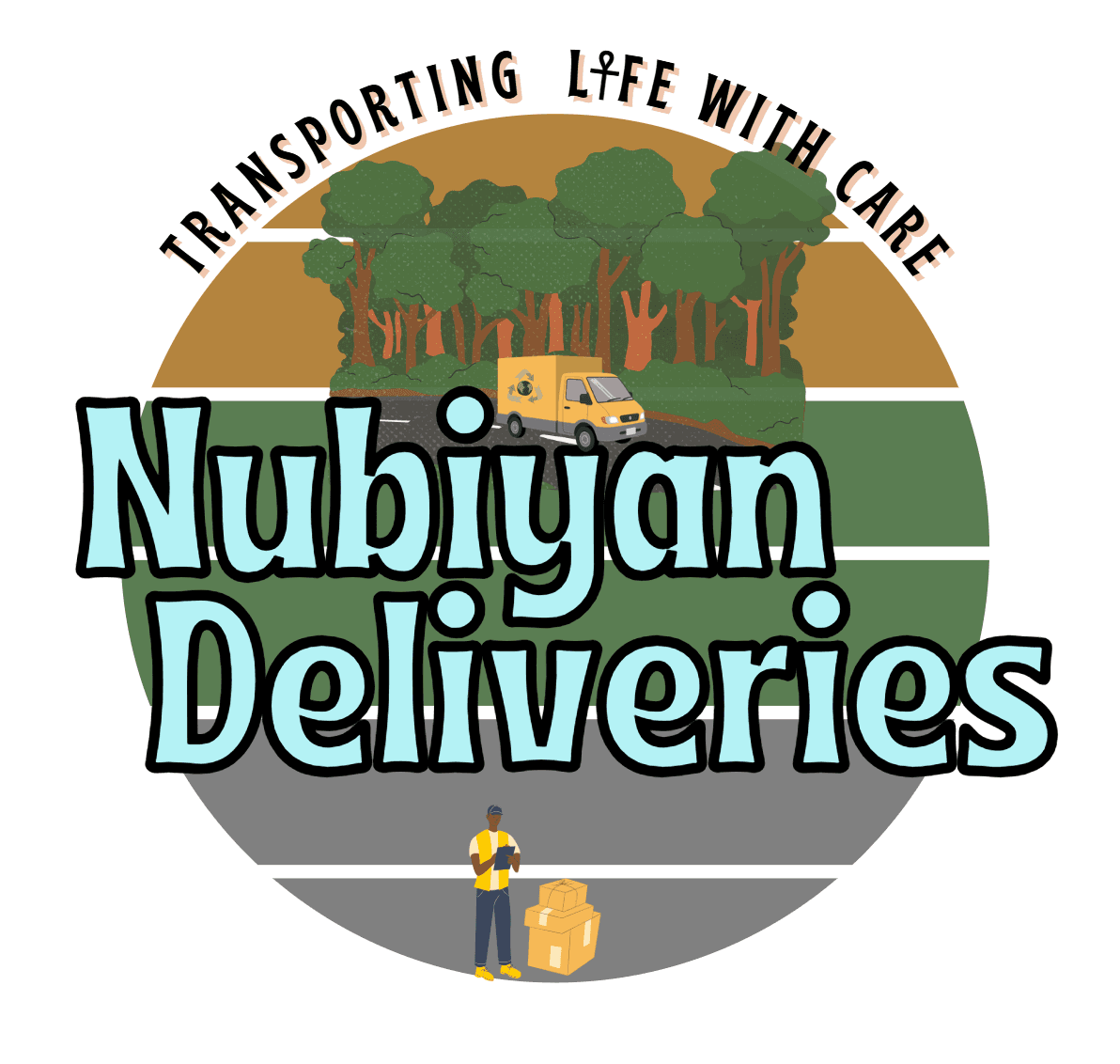 Logo de livraisons Nubiyan : camion jaune, forêt, livreur, slogan Transportant la vie avec soin.